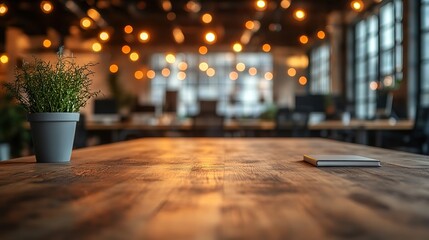 Poster - Blurred Bokeh office interior space background with a wood table top is ideal for displaying or montaging your products, 8k image