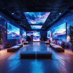 Poster - Immersive digital mental health experience modern art gallery visual installations tranquil environment wide angle emotional well-being concept