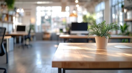 Poster - blurred bokeh office interior space background with a wood table top is ideal for displaying or montaging your products --ar 16:9 --stylize 250 --v 6.1 Job ID: 661afb55-c1f1-44d8-843a-3014b150f3e2