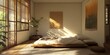© Cloudyew - Sunlit minimalist bedroom with wooden decor, low bed, and indoor plant, creating a serene and cozy atmosphere.