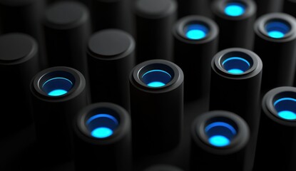 Sticker - Abstract 3D render of black cylinders with glowing blue centers.