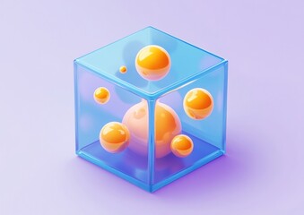 Poster - abstract 3d render of orange spheres inside a transparent blue cube on purple background.