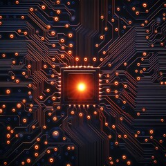 Poster - Detailed view of a glowing microchip on a circuit board, symbolizing modern technology, computing, and digital innovation.