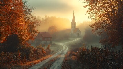 Poster - Foggy Rural Road Leading to Quaint Village Church Steeple in Misty Autumn Morning Landscape