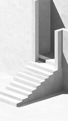 Poster - Abstract minimalist architecture with a white staircase and geometric shadows, showcasing modern design and textured surfaces.