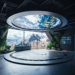 Poster - Disaster response and recovery strategies futuristic control room digital visualization high-tech environment aerial perspective resilience concept