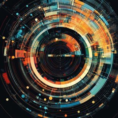 Poster - intricate circular data patterns with vivid colors and geometric design elements in a dynamic layout