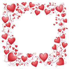 Poster - A square frame composed of numerous red hearts interwoven with vines and leaves on a white background.