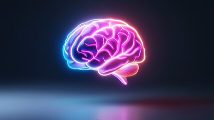 Poster - Neon glowing human brain, anatomical model, medical science concept.