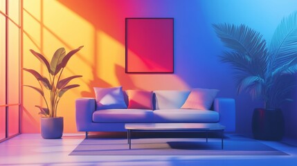 Poster - A living room with a white couch and a red framed picture. There is a potted plant in the room