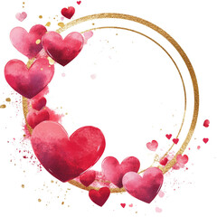 Aufkleber - A watercolor painting featuring red and pink hearts arranged around a gold double circular frame against a white background.