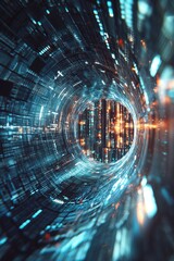 Poster - Abstract Data Connection Visualization in Futuristic Digital Environment with Light Trails and Depth Perspective