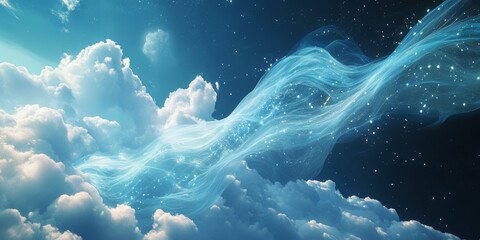 Poster - Surreal Flowing Data Streams Merging into the Sky with Ethereal Clouds and Dreamy Atmosphere