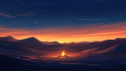 Wall Mural - A small campfire illuminates the golden dunes as the sun sets and the stars begin to sparkle across the desert horizon