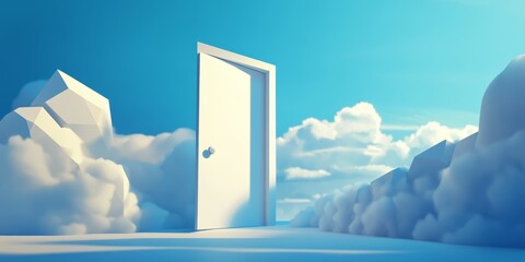 Wall Mural - A white door is open in front of a blue sky with clouds. The scene is set in a fantasy world with a sense of mystery and wonder
