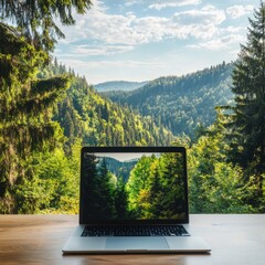 Poster - Elearning initiative incorporating lifecycle assessment in nature laptop on table digital content forest landscape scenic view sustainable education