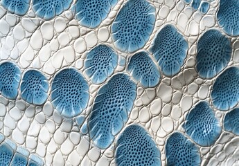 Poster - Close-Up View of Modern Textured Surface Featuring Blue and White Patterns with Unique Shapes and Details, Ideal for Design and Artistic Applications