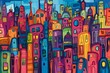 © Cloudyew - Colorful cityscape with many buildings and a blue sky. The buildings are all different colors and sizes