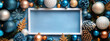 © Liana - Clean white rectangular frame surrounded by blue, gold, and white festive decorations for minimalistic holiday design mockup