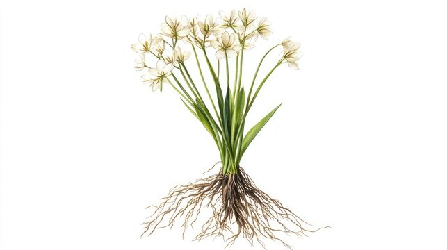Botanical depiction of water dropwort with roots, presented on a clean white background with room for text or design.