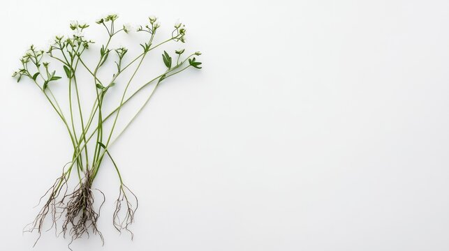 Botanical depiction of water dropwort with roots, presented on a clean white background with room for text or design.
