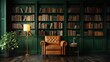 © Kanimalia - Luxurious Leather Armchair in a Classic Green Library with Bookshelves