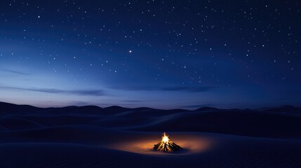 Wall Mural - Campfire embers glow against the soft silhouette of dunes, as dusk fades and a deep star-filled sky blankets the serene desert