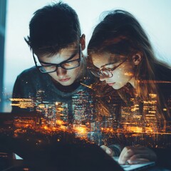 Poster - Collaborative learning experience in urban setting with innovative educational technology nighttime cityscape digital interaction engaging atmosphere