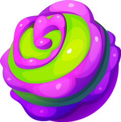 Poster - Cartoon galaxy fantasy alien green space planet with purple clouds. Science fiction galaxy satellite icon. Fantasy cosmos planet isolated vector symbol or fantastic universe world sticker