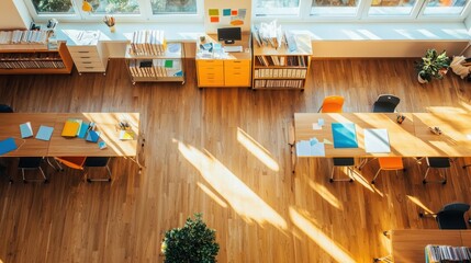 Poster - Innovative educational technology strategy implementation classroom visual content bright environment aerial view policy support for effective learning