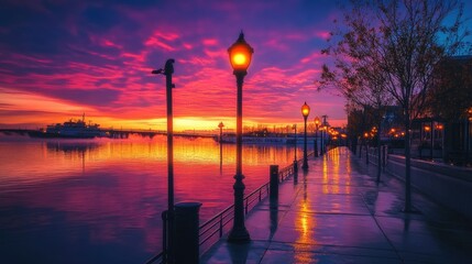 Poster - City awakens under a colorful sunrise, reflected in the calm water as street lamps cast their gentle glow on a peaceful walkway