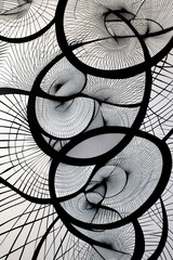 Poster - Intricate abstract design featuring intersecting circles and lines in a monochrome palette, creating a dynamic visual effect.
