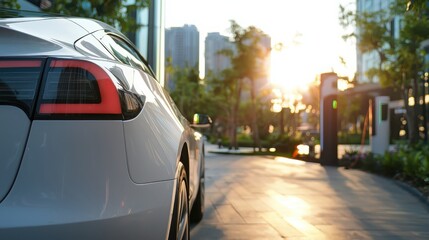 Poster - Electric vehicle charging station urban environment automotive photography modern infrastructure sunset view sustainable energy concept