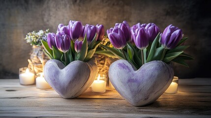 Poster - Close-up of purple tulips in charming heart-shaped pots on a wooden table, soft lighting accentuating the scene.