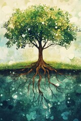 Poster - Artistic watercolor illustration of a tree with sprawling roots, symbolizing nature, growth, and connection.