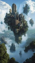 Poster - A breathtaking view of a futuristic city with floating skyscrapers and lush greenery, set against a backdrop of clouds.