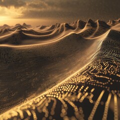 Poster - Explore a stunning abstract digital terrain featuring flowing lines and golden particles, creating a serene and warm visual experience that evokes tranquility.