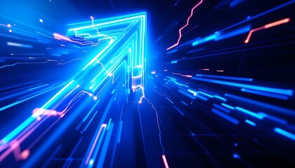 Fototapete - Abstract blue arrow glowing with lighting and line grid on blue background technology hi-tech concept. Abstract glowing blue arrow with illuminated lines and grid on deep blue background in low light