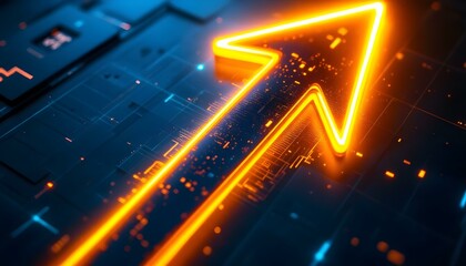 Fototapete - Abstract blue arrow glowing with lighting and line grid on blue background technology hi-tech concept. Abstract glowing blue arrow with illuminated lines and grid on deep blue background in low light