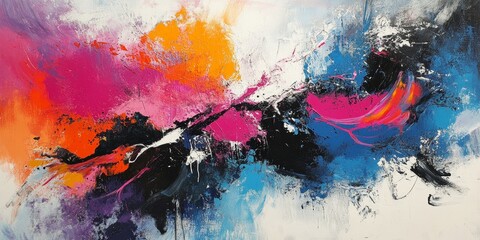 Canvas Print - a painting of a colorful explosion with a black line in the middle. the colors are red, orange, blue