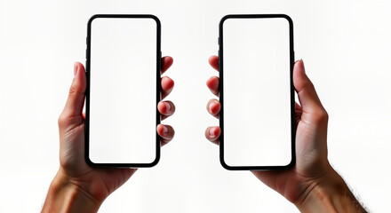Aufkleber - Hands hold blank smartphone screens. Two modern mobile phones displayed. Isolated on white background. Hands hold phones. phone 14 Pro mockups. High quality. Contemporary design. Blank screen. Mobile