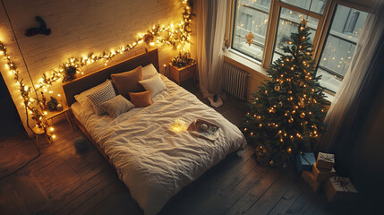 Canvas Print - Cozy minimalist bedroom with warm fairy lights and Christmas tree