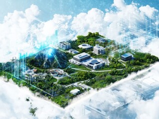 Poster - Innovative environmental monitoring program implementing advanced technology sustainable development center infographic cloud environment aerial view future concepts