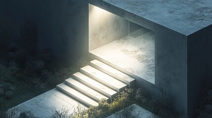 Wall Mural - A minimalist concrete structure with illuminated steps and entrance, surrounded by lush vegetation at dusk.