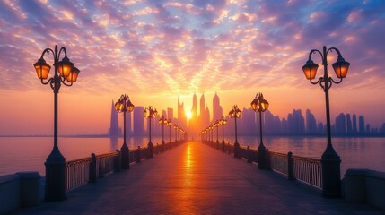 Sticker - Golden sunrise lights up a city skyline beyond the water, as rows of street lamps guide the viewer down a serene promenade