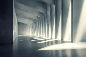 Poster - A captivating abstract interior space featuring striking light and shadow play. The minimalist design highlights the interplay of geometric patterns and reflections.