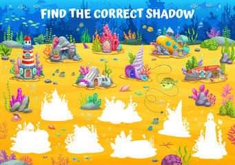 Aufkleber - Kids game worksheet, find a correct shadow of underwater fairytale houses. Children education activity vector puzzle quiz of tropical ocean bottom with cartoon funny home buildings, sea animals, fish