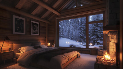 Canvas Print - Cozy cabin bedroom with large window overlooking snowy forest and fireplace