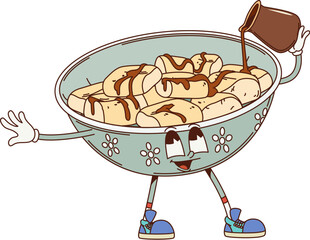 Aufkleber - Cartoon retro groovy Japanese warabi mochi dessert character. Charming bowl with pastry pouring brown sugar syrup on itself. Vector Asian food dish personage feature friendly face and sweet indulgence