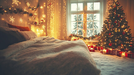 Canvas Print - Cozy festive bedroom with Christmas tree and snow outside window